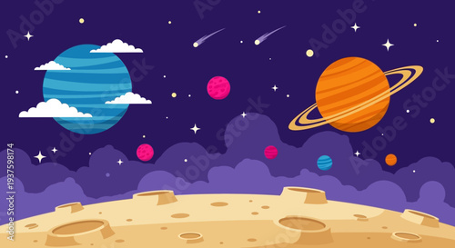 Vibrant Cartoon Illustration of Planets and Stars in Space.