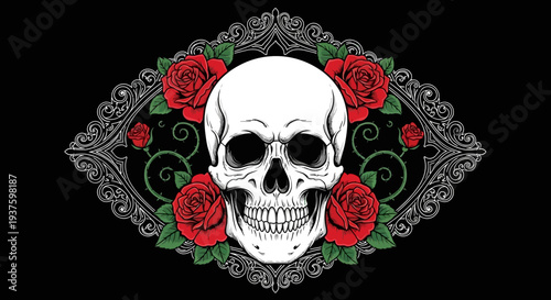 Ornate skull surrounded by red roses and decorative frame on black background.