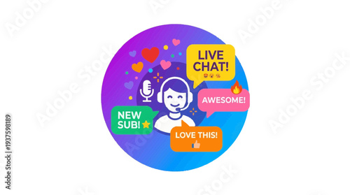 Flat colorful icon for livestream chat with a streamer, microphone, and chat bubbles like 'Live Chat', 'Awesome', 'New Subi', 'Love This!'.