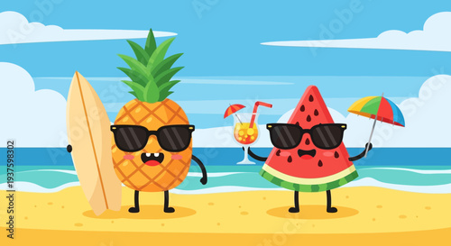 Cartoon pineapple and watermelon characters enjoying a beach vacation together.
