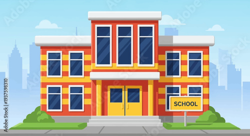 Colorful cartoon illustration of a modern school building with a city skyline.