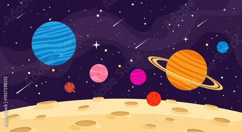 Colorful cartoon planets and stars in outer space illustration.