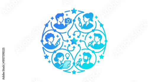 Creative icon illustrating a collaborative network of diverse professionals, including artists and content creators, working together around a central star.