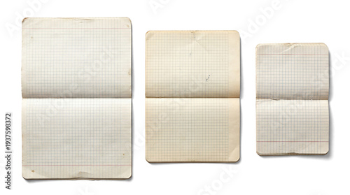 three open vintage graph paper notebooks of varying sizes are displayed against a transparent background, showcasing aged paper with grid lines and red ruling.