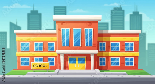 Colorful cartoon illustration of a modern school building with a cityscape background.