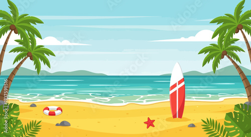 Tropical beach scene with surfboard and palm trees.