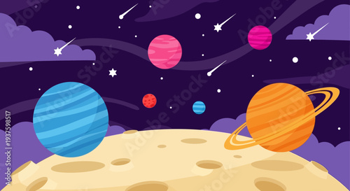 Colorful cartoon illustration of planets and asteroids in outer space.