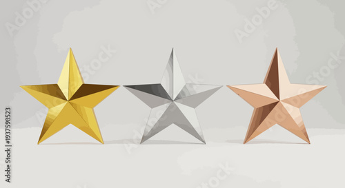 Three metallic stars in gold silver and bronze arranged in a row.
