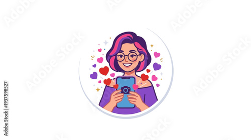 Joyful female influencer with pink hair and glasses, holding a smartphone with a camera icon, surrounded by hearts and sparkles, representing social media engagement and online popularity.