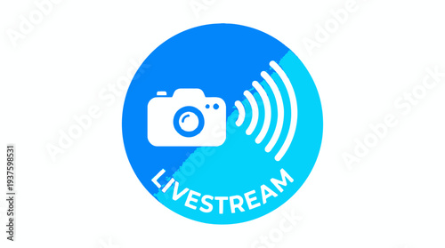 Dynamic blue circular icon with a white camera and broadcast waves, representing livestreaming, online broadcasting, and real-time video content creation with a vibrant gradient.