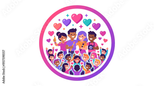 Vibrant creator community icon with diverse people, hearts, and creative tools, symbolizing connection, collaboration, and shared passion online.
