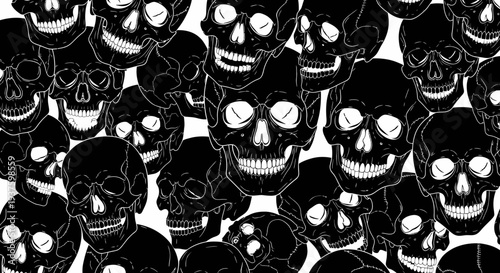 Black and white illustration of multiple skulls with different facial expressions.