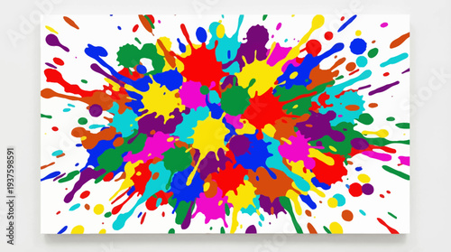 Vibrant multicolored paint splatters on white background.