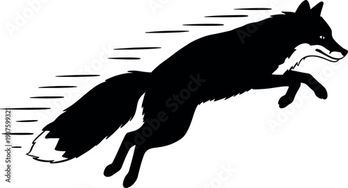 Dynamic Black Silhouette Fox in Motion Running with Speed Lines on White Background