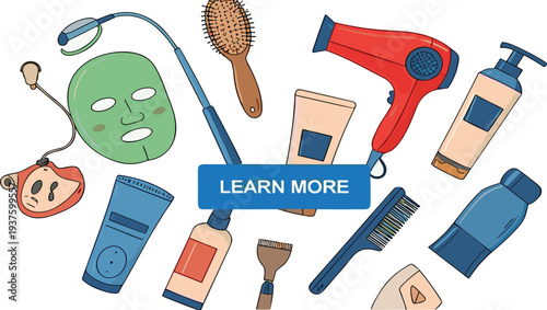 Beauty and haircare tools collection with hair dryer comb shampoo mask cosmetics and salon accessories vector illustration set