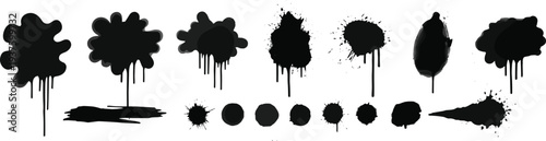 Black ink splatter and graffiti elements collection with paint drips, grunge stains and urban spray shapes set