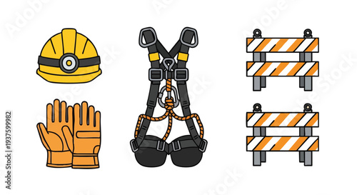 construction safety equipment hard hat gloves barriers.