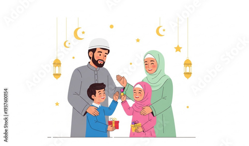 Happy Muslim Family Greeting Each Other on Eid Mubarak Celebration Vector