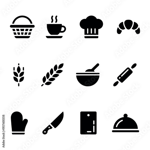 Bakery, Cooking and Kitchen Utensils Glyph Vector Icon Set