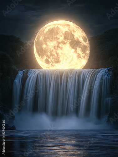 Full Moon Rising Over Waterfall Cliffs at Night Dramatic Landscape