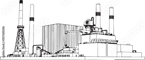 Power plant Hand-drawn Sketch Drawing Vector Illustration, Line Linear Symbol Black and White Engraving, Isolated