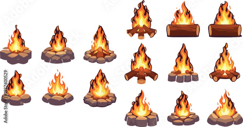Cartoon campfire flame collection with stone fire pit and burning log bonfire icons for camping outdoor illustration set