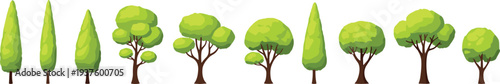 Cartoon tree collection with various green forest trees, deciduous and evergreen plants isolated on white background