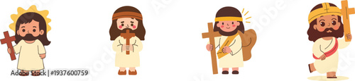 Cute Kawaii Jesus Character Holding Cross set isolated on white background