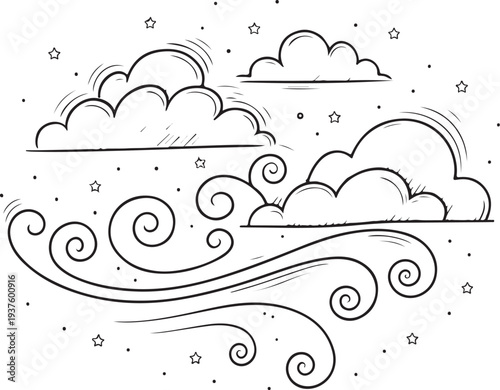 Vintage engraving clouds and wind swirls Hand-drawn Sketch Drawing Vector Illustration, Line Linear Symbol Black and White, Isolated