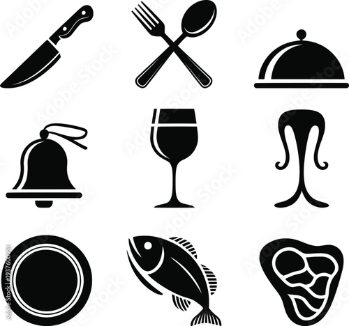 Restaurant black and white flat kitchen utensils