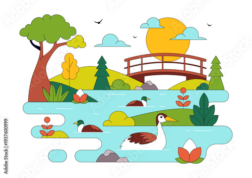 River Landscape Vector Illustration featuring Mountain View, Green Fields, Trees, And Forest Surrounding The River In Flat Cartoon Background