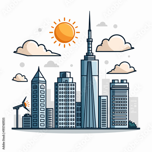 Sleek metropolitan city skyline illustration with towering modern skyscrapers under a bright sun ideal for urban planning and real estate development themes.
