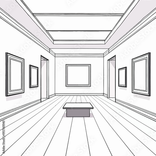 Modern art gallery interior with blank frames on walls in a clean line art style perfect for museum exhibits and contemporary artistic exhibition mockups.