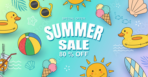 Summer sale promotion banner and big discount special offer with colorful doodle hand drawn beach items.