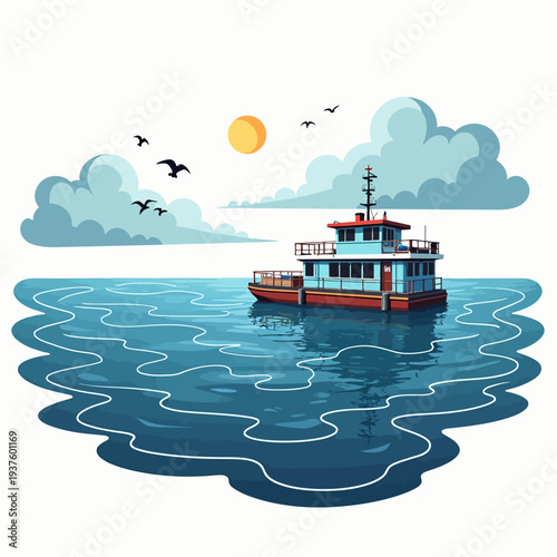Vibrant maritime illustration of a colorful passenger ferry boat cruising on calm blue ocean waters under a bright sun and fluffy clouds for travel blogs.
