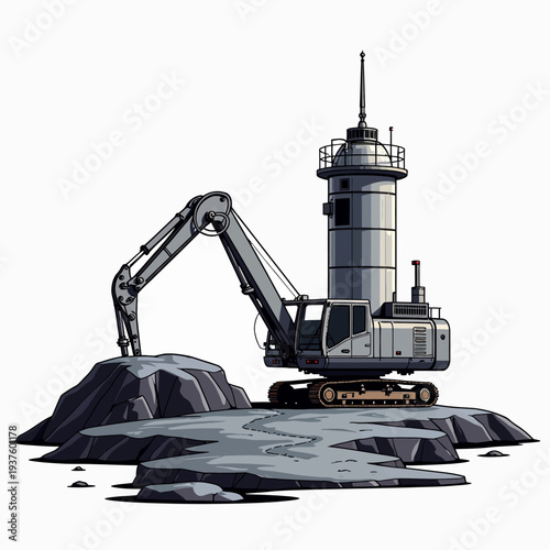 A heavy duty industrial excavator machine working on a rocky coastal site near a tall cylindrical structure illustrating large scale mining and construction.
