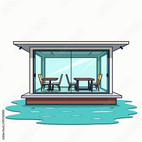 Modern glass pavilion structure with an inviting dining area floating on calm blue water perfect for luxury waterfront cafe or futuristic office concepts.
