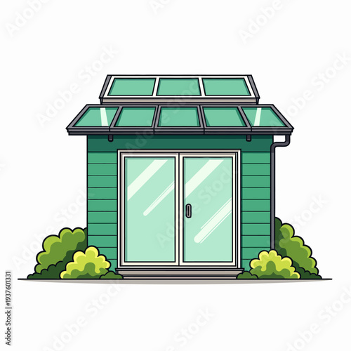 Sustainable green garden shed featuring modern solar panels and sliding glass doors designed for eco-friendly outdoor storage or a compact workspace.
