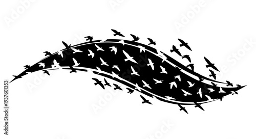Abstract flock of birds in flight, symbol of freedom and movement