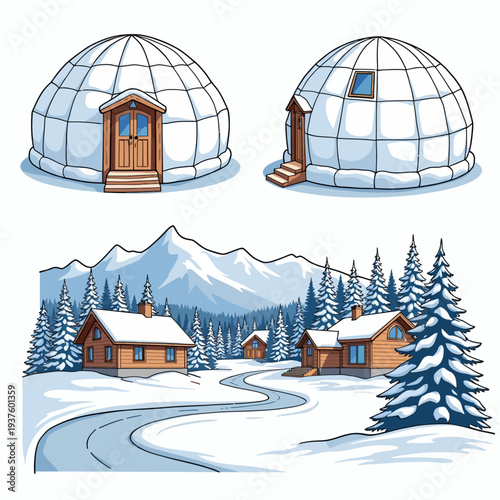 Explore diverse winter accommodations with this set of snowy mountain illustrations featuring cozy wooden cabins and traditional arctic ice igloos.
