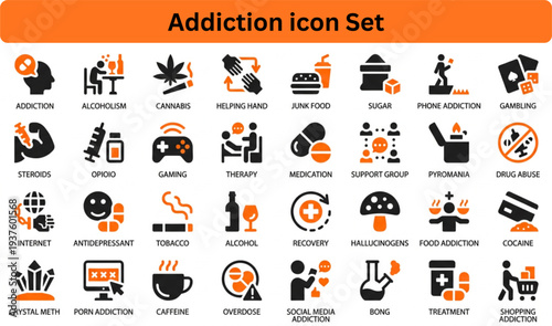 Addiction icon set silhouette vector on white background 