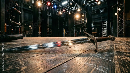 A sword lies on a wooden stage floor under stage lights with scaffolding in the background