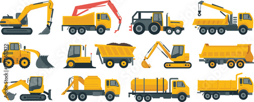 Construction machinery vehicles set including excavator dump truck crane bulldozer tanker loader heavy equipment transport vector illustration collection