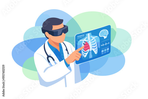 Doctor uses virtual reality headset to examine heart scan.