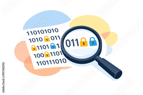 Magnifying glass over binary code with security locks.