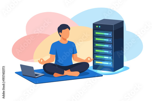 Man Meditating Next to Server and Laptop Computer.