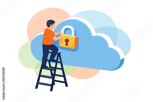 Man secures cloud data with padlock on ladder.