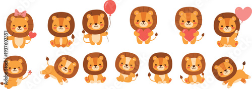 Cute cartoon lion characters with hearts and balloons isolated on white background love themed vector illustration set