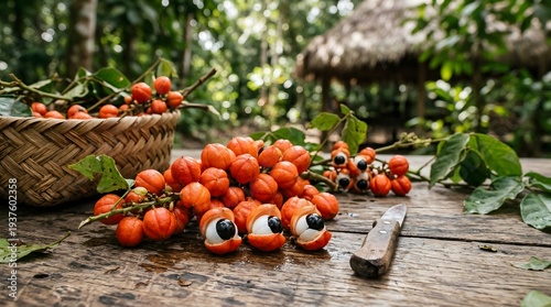 A vibrant still life of fresh guaraná berries with playful cartoon eyes on a rustic wooden table, natural outdoor lighting, tropical Brazilian atmosphere, high detail, commercial photography style.