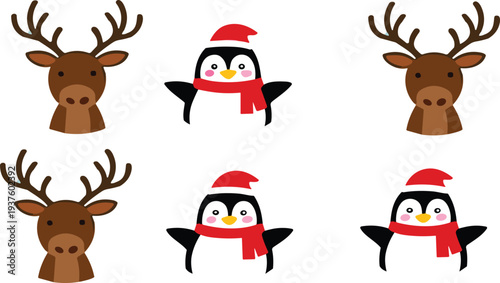 Cute Christmas animal vector set with reindeer and penguin wearing Santa hat and scarf festive winter holiday cartoon illustration collection